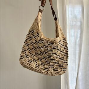 Sonoma Women's Beige Navy Woven Straw Crossbody Purse Lined